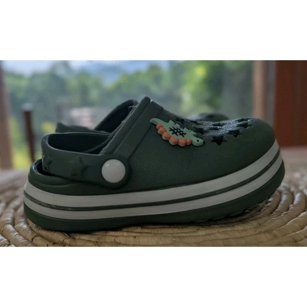 Khaki Slip-On Clogs Solid Round Toe Strap Accent Size 7 Unisex Dinosaur Charm